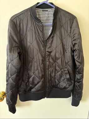 Black Quilted Bomber Jacket with Houndstooth Lining-reversible
